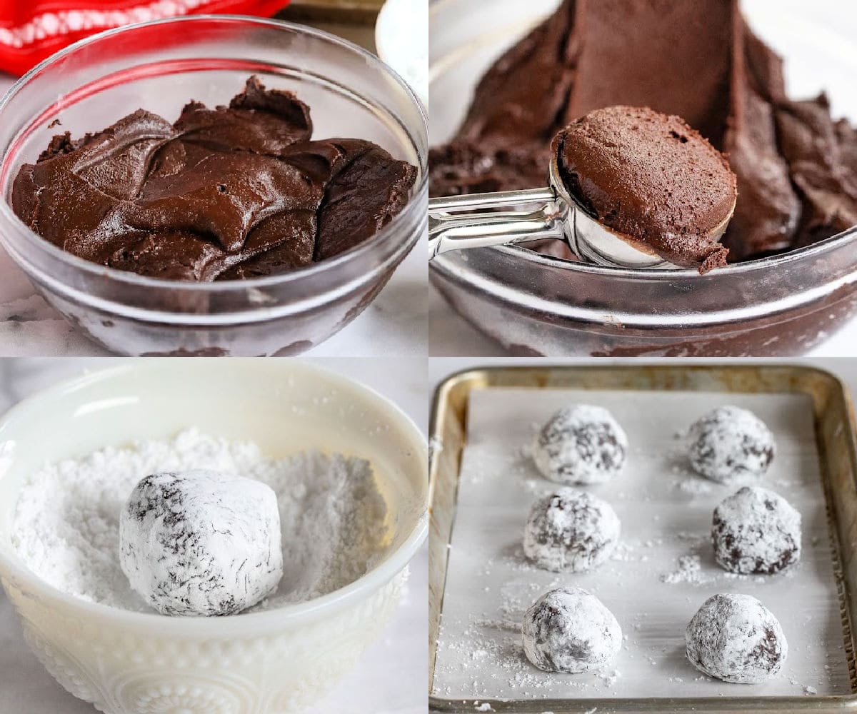 four image collage showing how to make crinkle cookies by rolling in powdered sugar and baking.