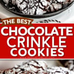 two image collage showing chocolate crinkle cookies piled high on a plate and bottom image shows the top cookie cut in half. center color block with text overlay.