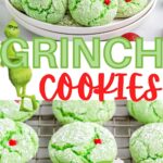 two image collage showing grinch cookies on a plate and also on a cooling rack. center color block with text overlay and grinch graphic.