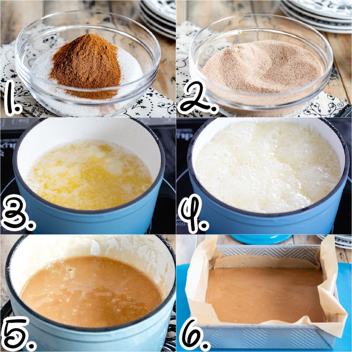 six image collage showing how to make cinnamon sugar and how to start making the toffee.