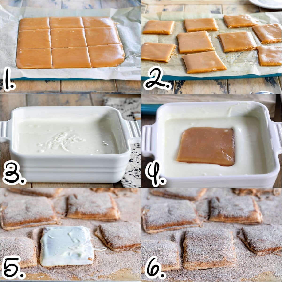 six image collage showing how to cut the toffee into squares and coat with white chocolate and cinnamon sugar.