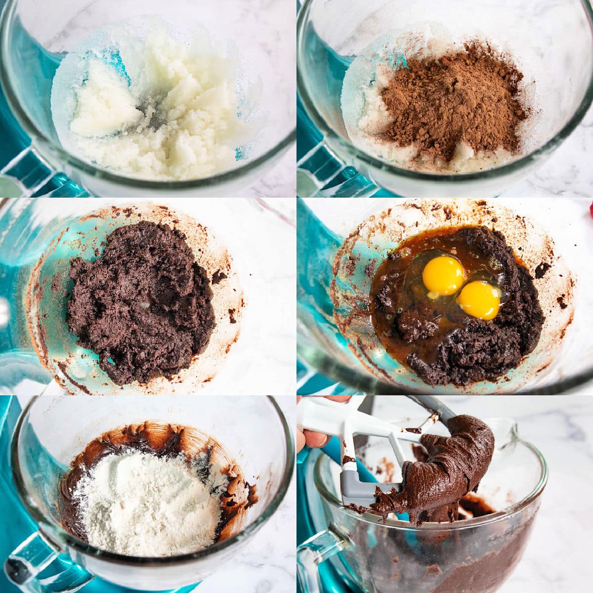 how to make chocolate crinkle cookies dough in a six image collage showing step by step.