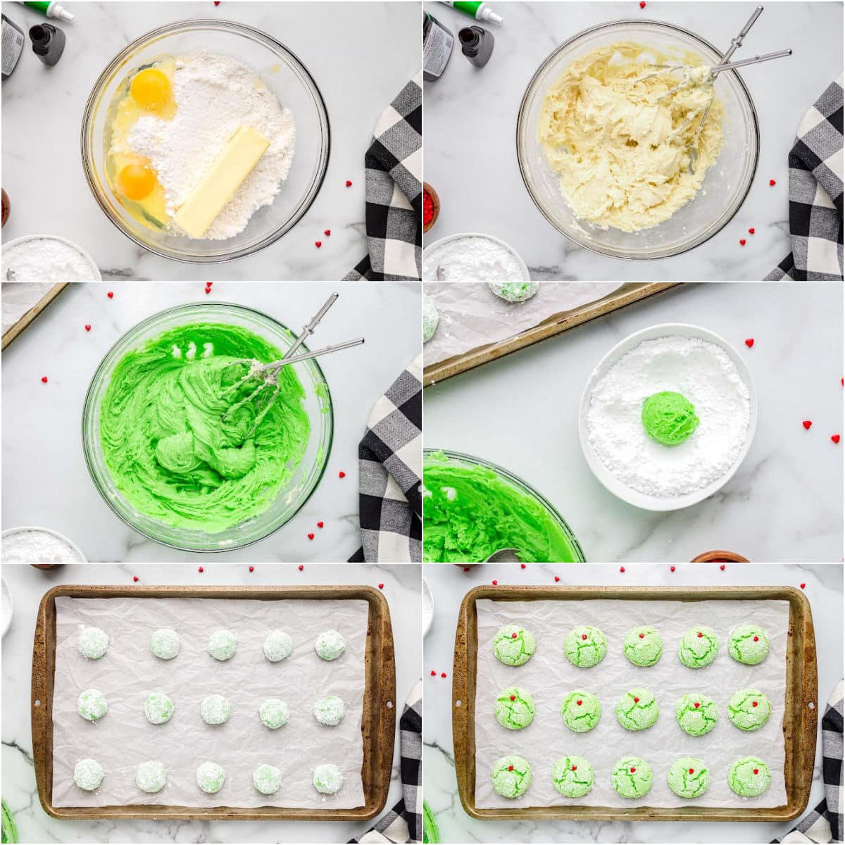 six image collage showing how to make grinch cookies which are green cake mix cookies with a red heart sprinkle.