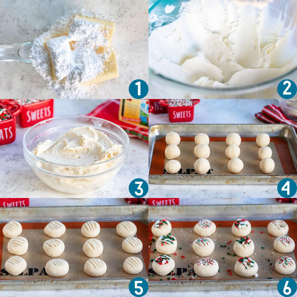 six image collage showing how to make whipped shortbread cookies from start to finish.