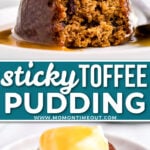 two image collage showing a sticky toffee pudding on a white plate topped with whipped cream and toffee sauce. top image has a bite taken from the pudding. center color block with text overlay.