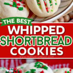 two image collage showing whipped shortbread cookies decorated with christmas sprinkles sitting on a white plate. bottom image shows the top cookie cut in half. center color block with text overlay.