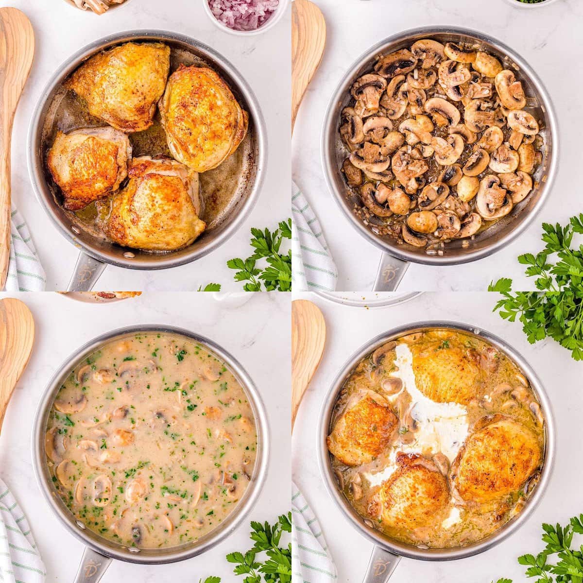 four image collage showing how to make chicken fricassee in a skillet.
