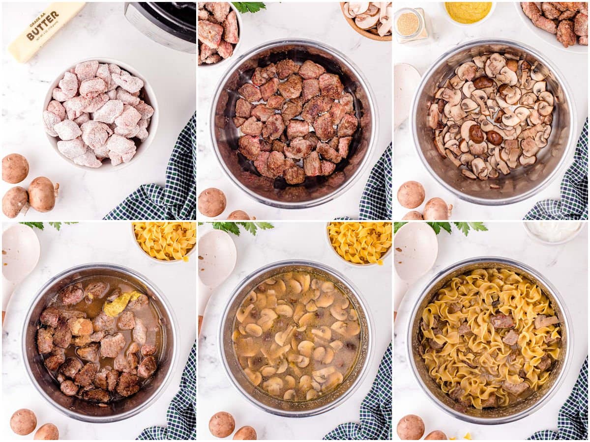 six image collage showing how to make beef stroganoff in the instant pot.