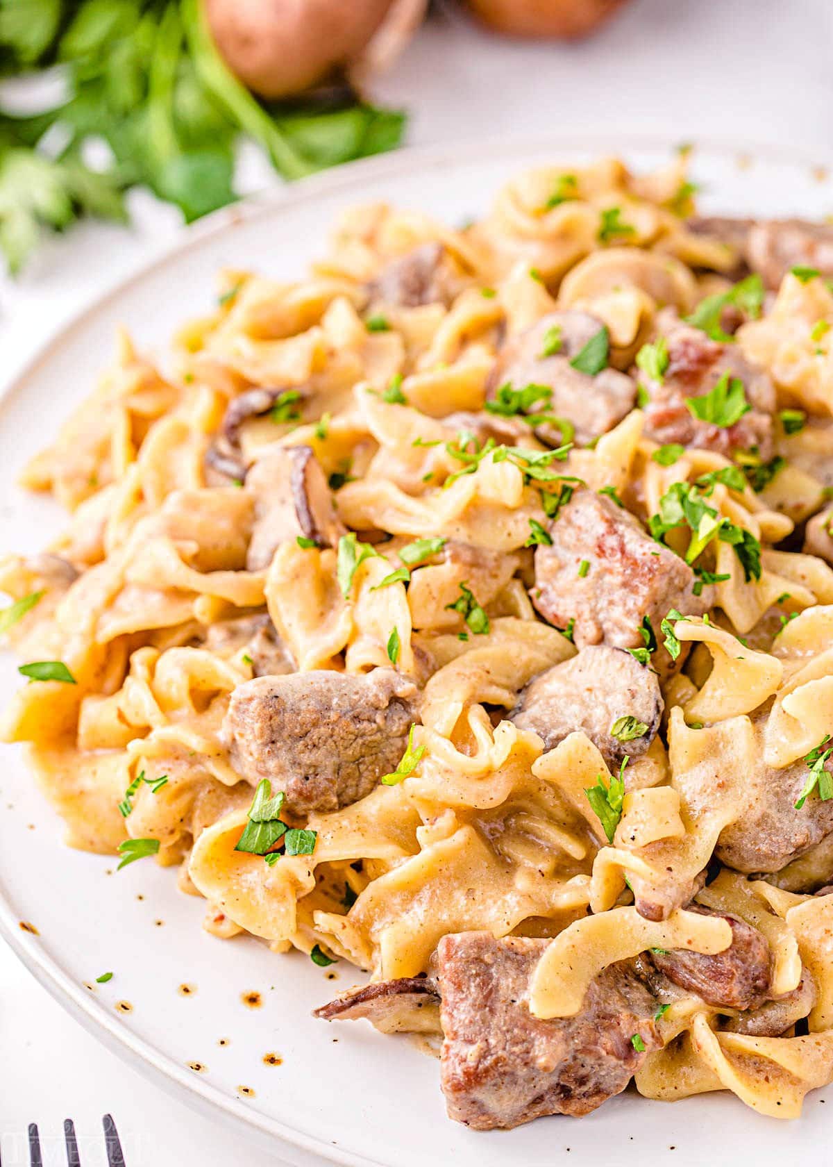 close up image of beef stroganoff plated on a white dinner plate and garnished with fresh parley.