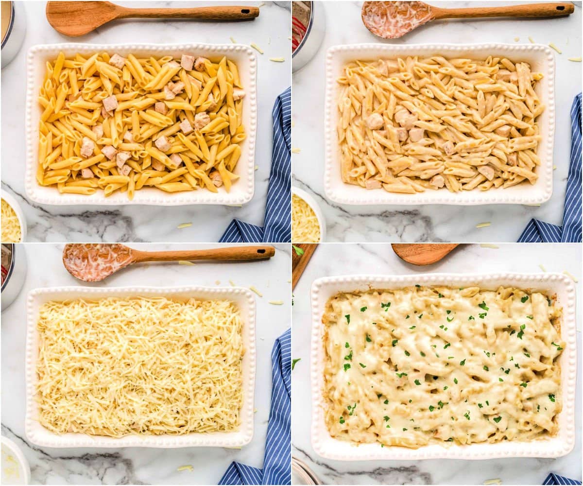 four image collage showing chicken alfredo bake being assembled and baked. 