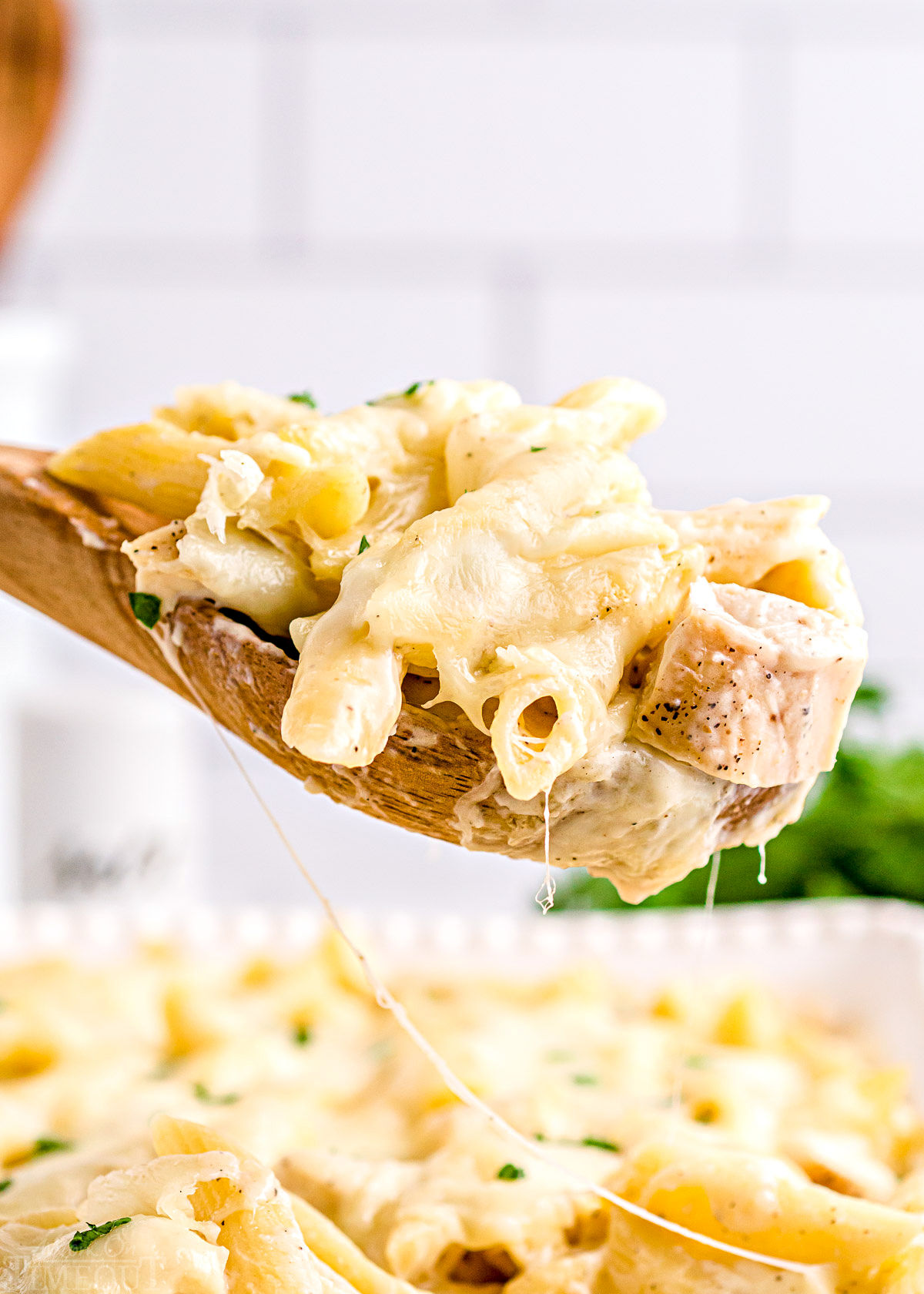 wooden spoonful of chicken alfredo bake held above baking dish.