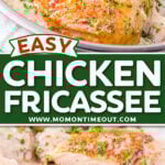 two image collage showing chicken fricassee still in the skillet with the mushroom sauce and the bottom image shows it plated with a single chicken thigh cut in half. center color block with text overlay.