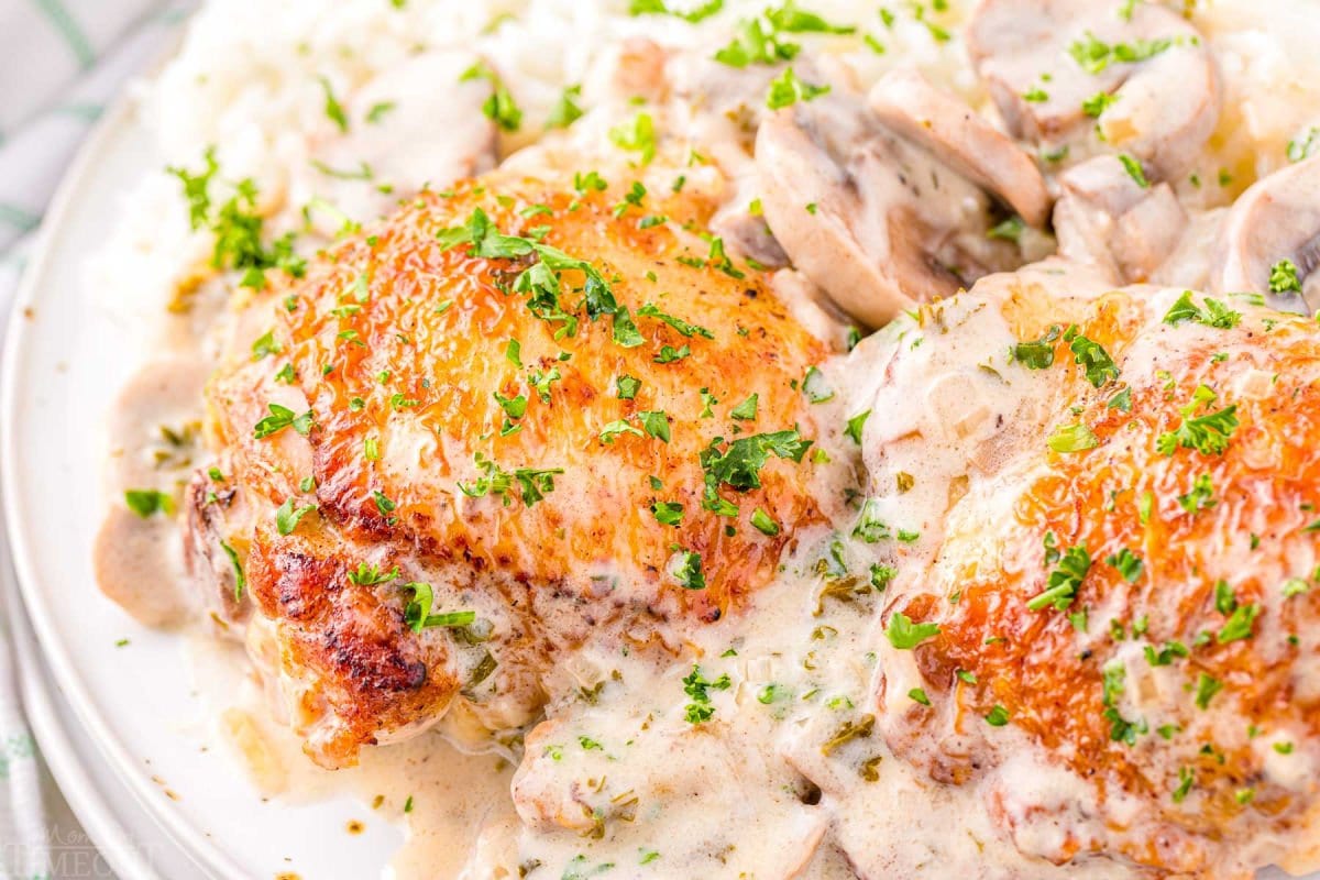 two pieces of chicken plated with white rice and a white wine mushroom sauce and garnished with parsley.