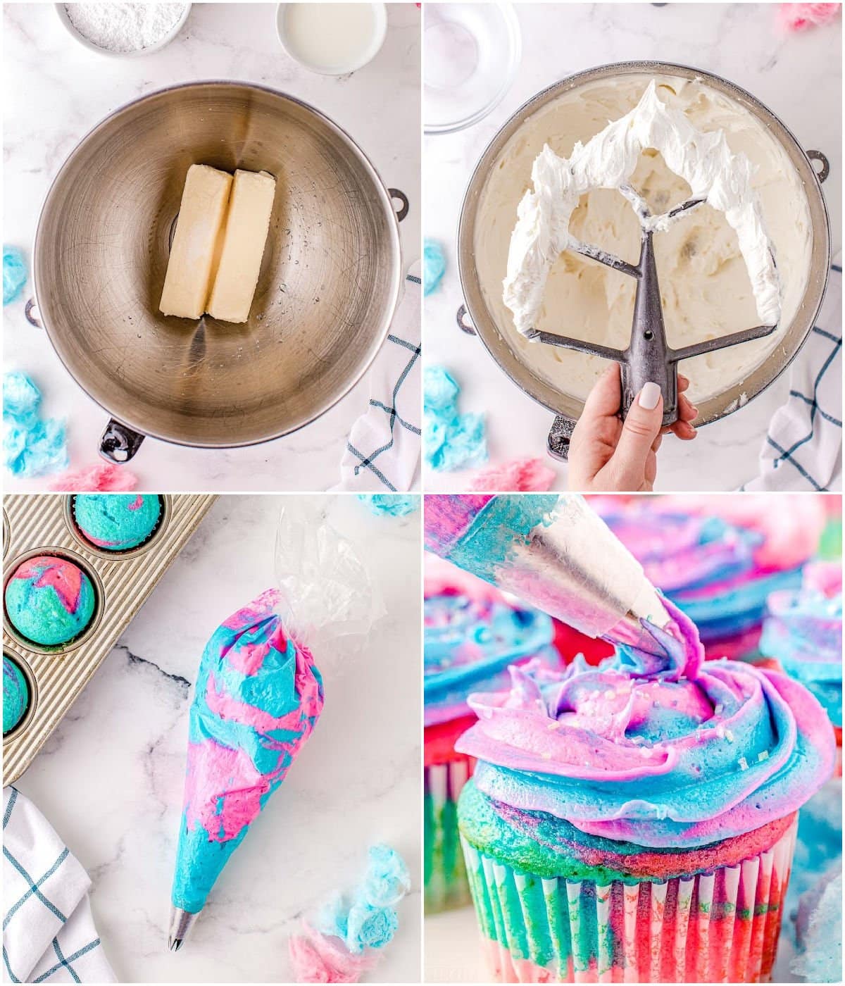 four image collage showing how to make swirled cotton candy flavored frosting.