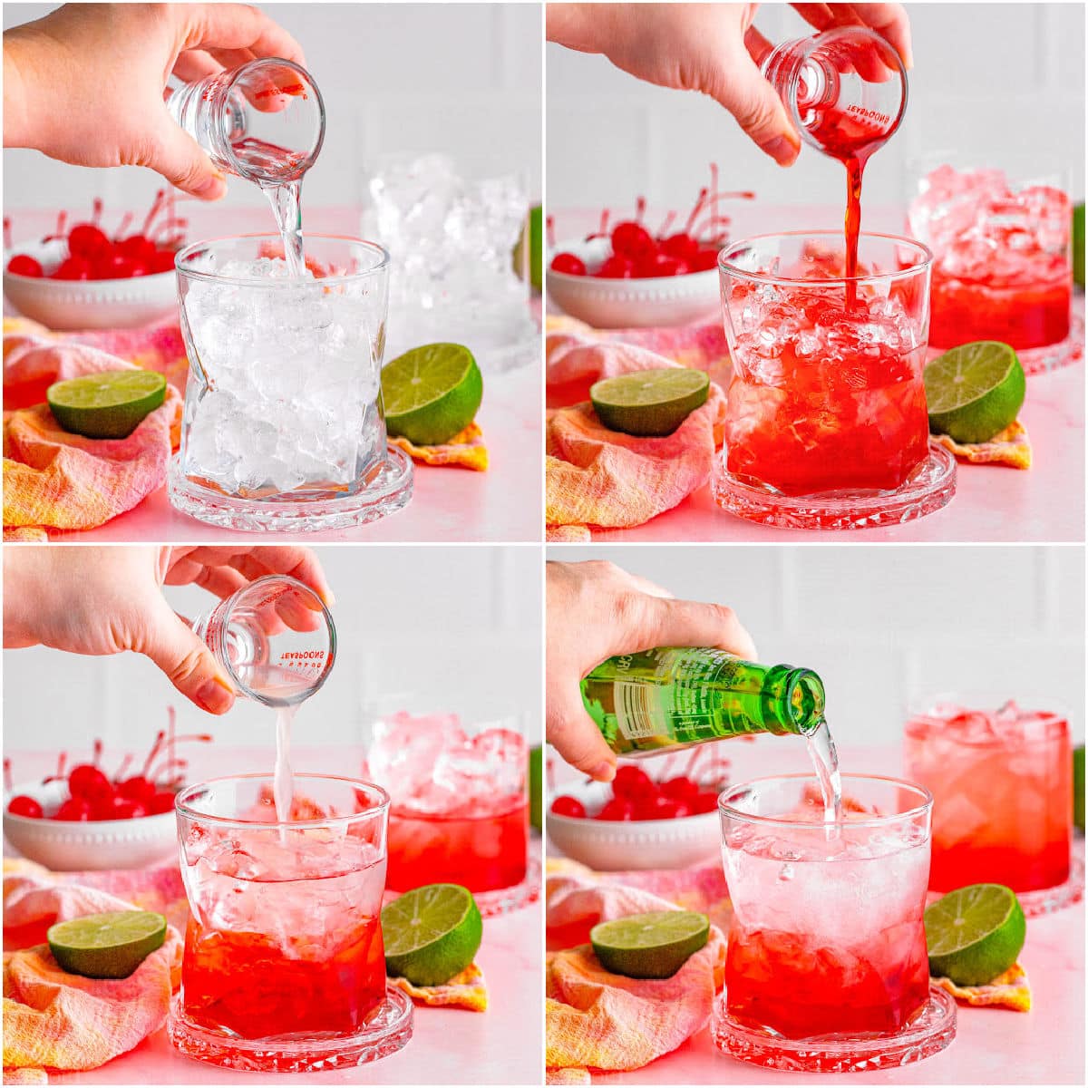 four image collage showing how to make a dirty shirley temple.