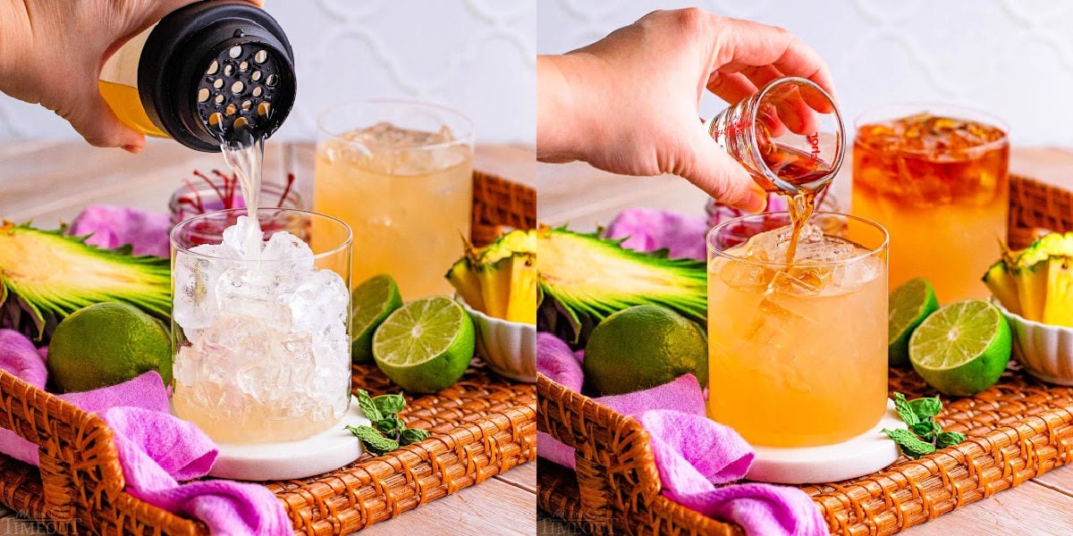 two image collage showing a mai tai being prepared and poured into a short glass.