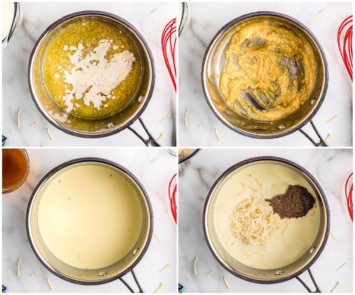 four image collage showing how to make the alfredo sauce for the pasta bake.