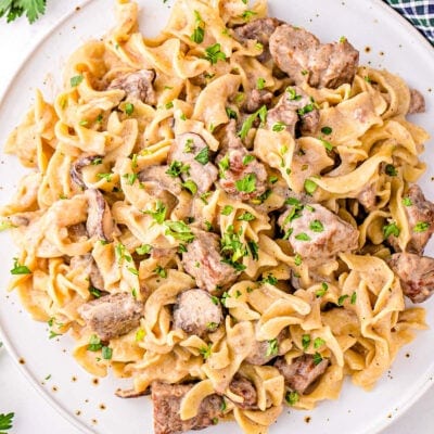 top down look at a white plate filled with beef stroganoff ready to be enjoyed. parsley and mushrooms are in the background.