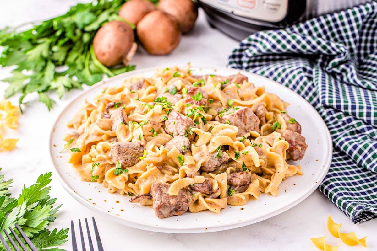 plated beef stroganoff with black checkered napkin next to it. parlsey scatter to the side of the plate as well as used for garnish over the stroganoff. 