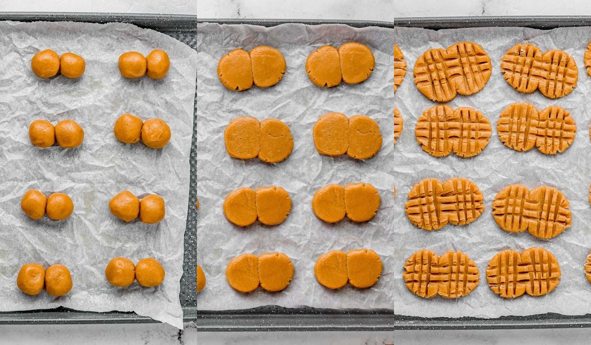 three image collage showing how to form the homemade nutter butter cookies.