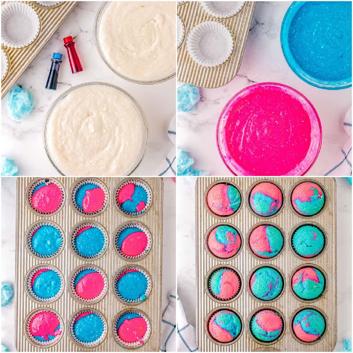 four image collage showing how to make swirled cupcakes using a cake mix.
