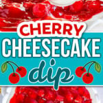 two image collage showing a spoonful of cherry cheesecake dip and then a top down view of the dip as a whole in a white scalloped pie plate. center color block with text overlay.