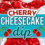 two image collage showing a spoonful of cherry cheesecake dip and then a top down view of the dip as a whole in a white scalloped pie plate. center color block with text overlay.
