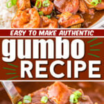 two image collage showing gumbo recipe plated with white rice and a ladle of gumbo being serve from the pot. center color block with text overlay.