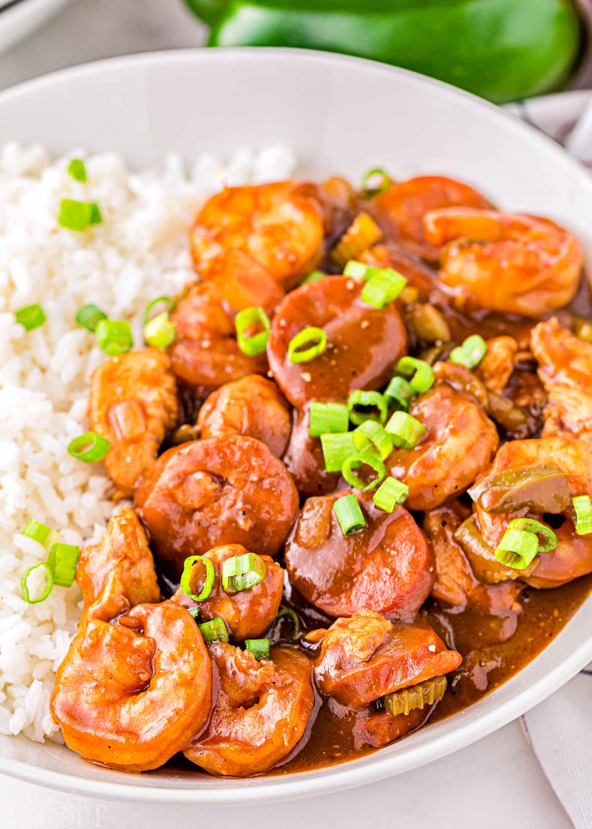 gumbo recipe served on a white plate next to a scoop of white rice and topped with sliced scallions.