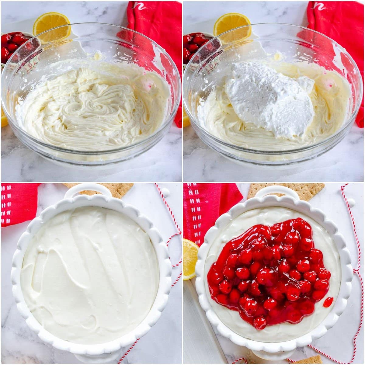 four image collage showing how to make cheesecake dip topped with cherry pie filling.