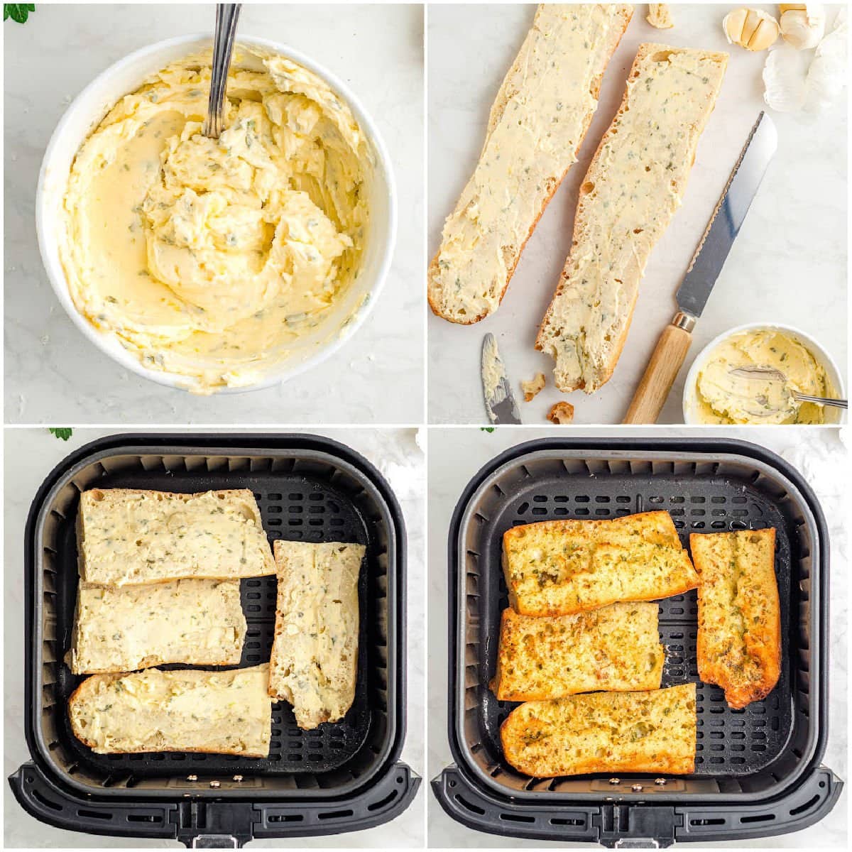 four image collage showing how to make air fryer garlic bread step by step.