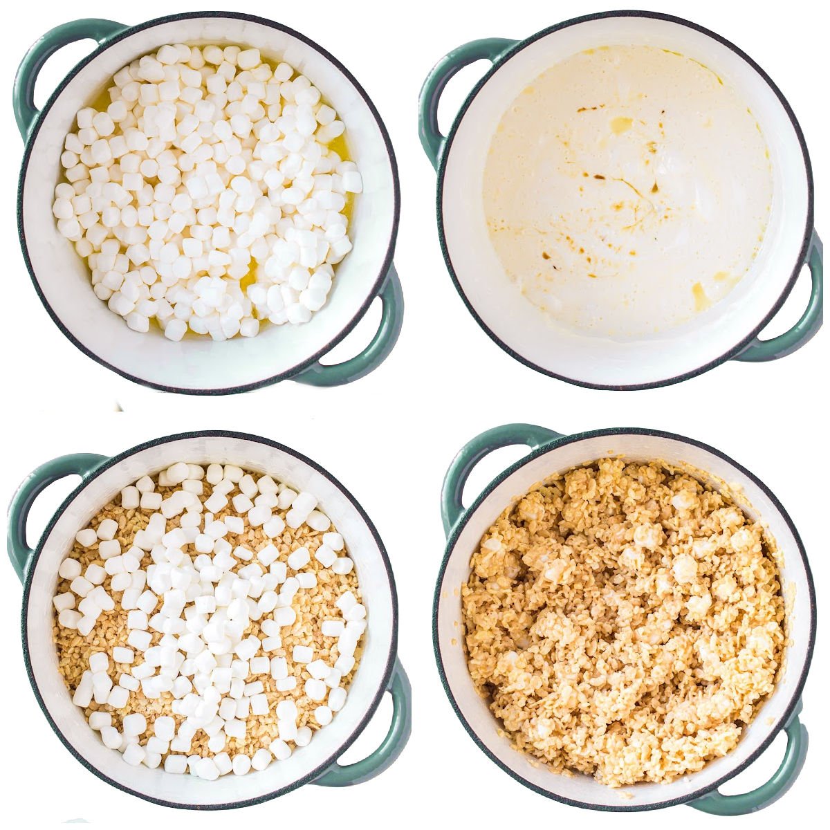 four image collage showing how to make rice krispie treats.