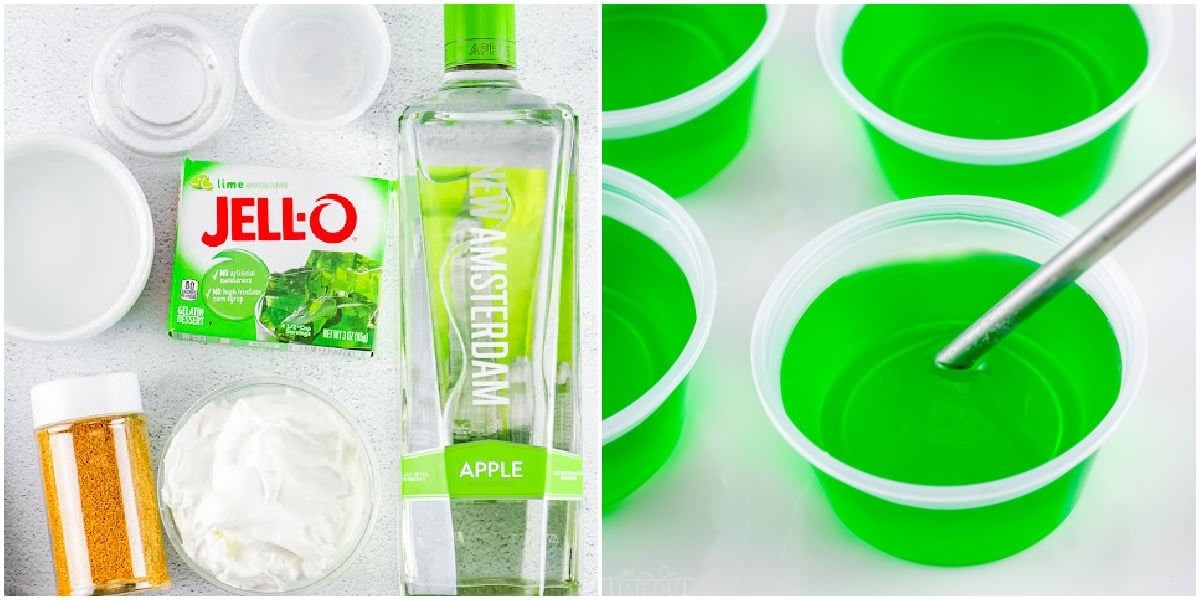 two image collage showing jello shot ingredients and little cups filled with the jello.