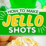 two image collage showing green jellos shots stacked and bottom image shows one held. both shots have whipped cream on top. center color block with text overlay.