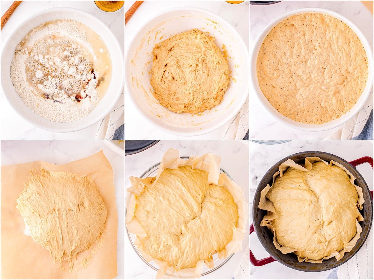 six image collage showing how to make dutch oven bread.