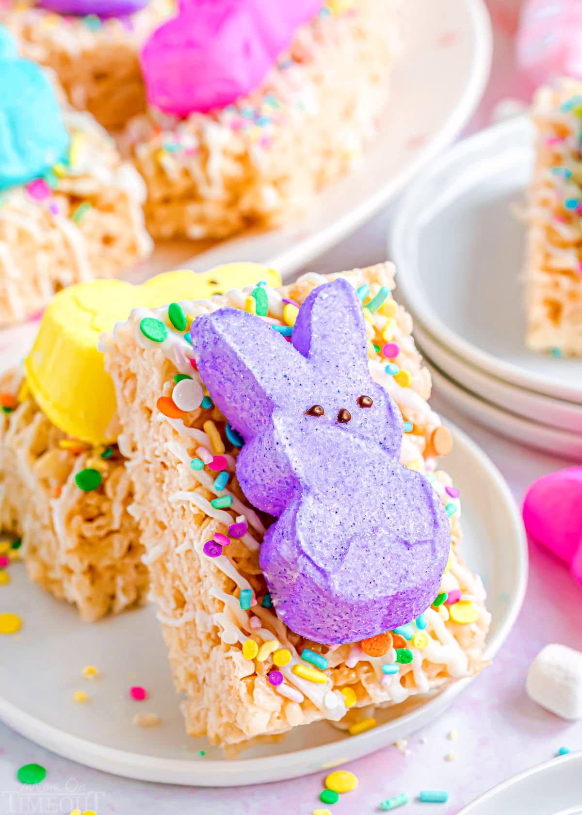 up close look at purple peep on rice krispie treat.