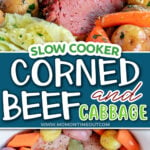 two image collage showing a corned beef with veggies in a slow cooker and the cooked corned beef sliced and plated with cabbage, carrots and potatoes. Center color block with text overlay.