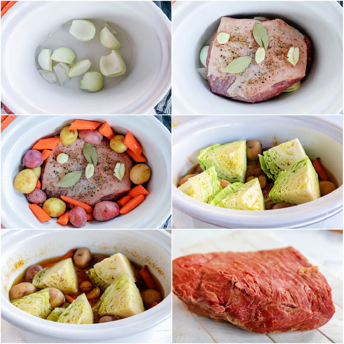 six image collage showing how to cook a corned beef in crockpot.