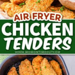 two image collage showing chicken tenders in air fryer and piled on a plate. center color block with text overlay.