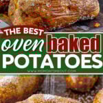 two image collage showing a loaded baked potato on the top and a russet potato with kosher salt being sprinkled onto it in the bottom image. center color block with text overlay.