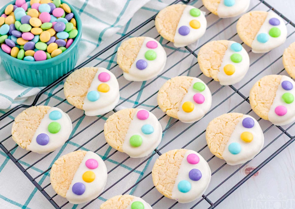 cookies setting up on a wire cooling rack all decorated and ready to enjoy.