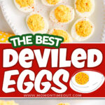 two image collage showing deviled eggs on a white platter and one up close side profile shot of a single deviled eggs. center color block with text overlay.