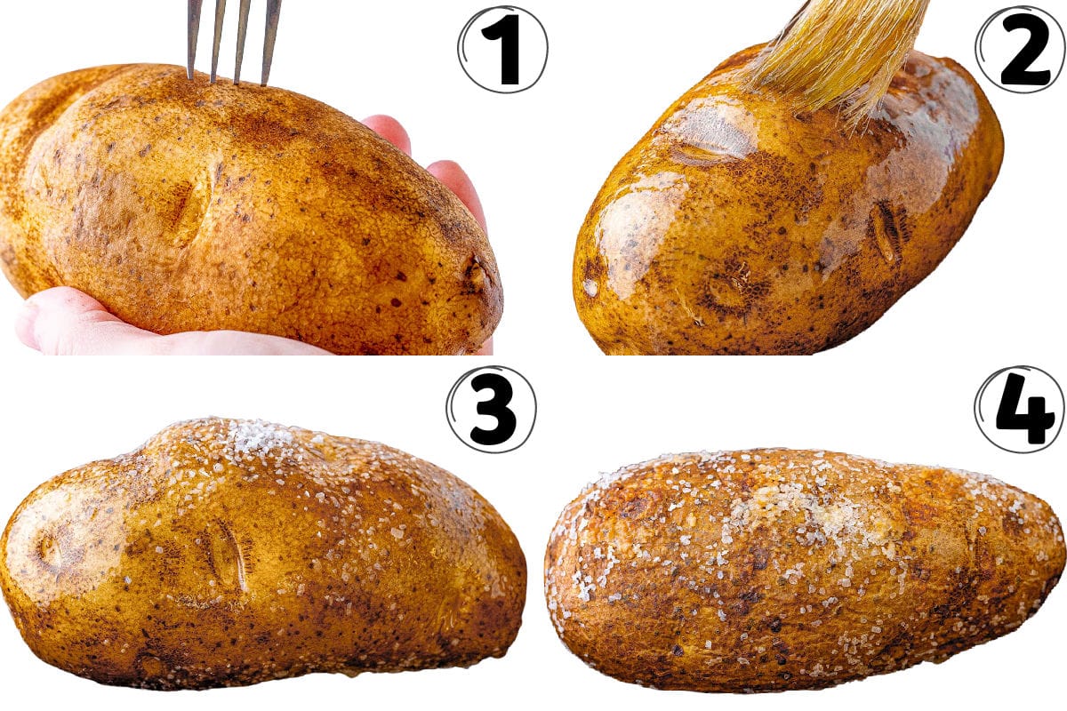 four image collage showing step by step how to bake a potato.