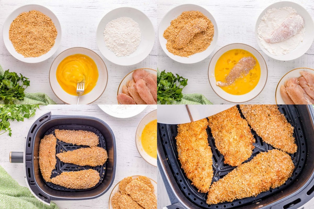 four image collage showing how to make chicken tenders in air fryer.