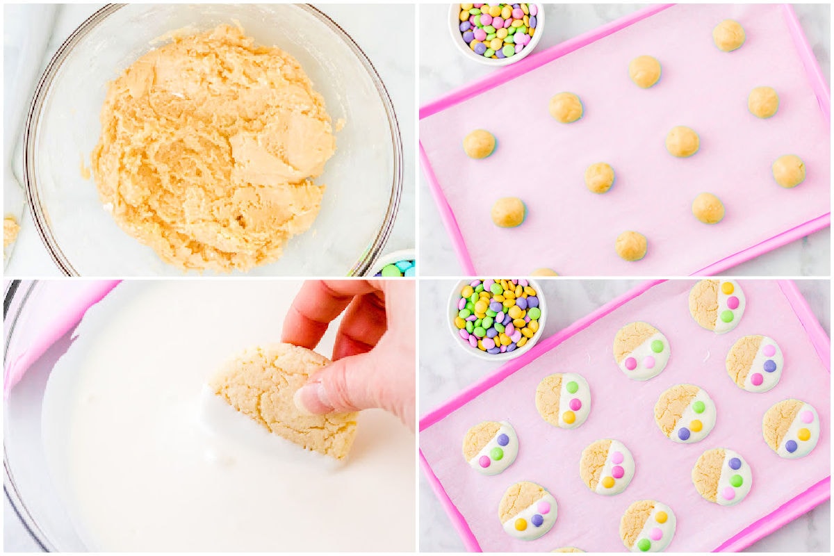 four image collage showing how to make cake mix cookies and dip them in melted chocolate.