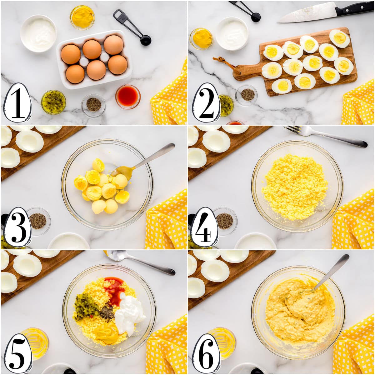 six image collage showing step by step how to make deviled eggs.
