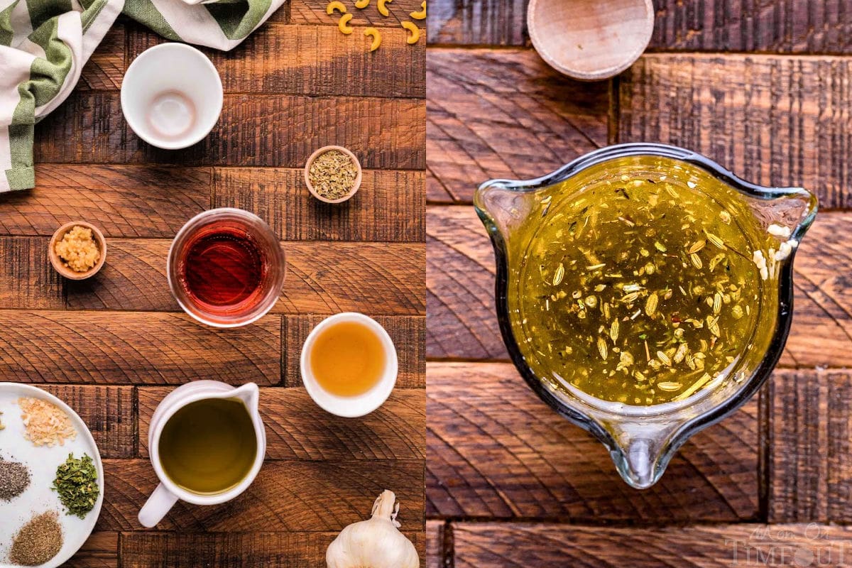 two image collage showing how to make italian dressing for pasta salad.