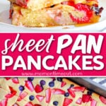 two image collage showing oven pancakes stacked on white plate with syrup drizzling onto the pancakes. Bottom image shows the pancakes baked and still in the sheet pan. center color block with text overlay.
