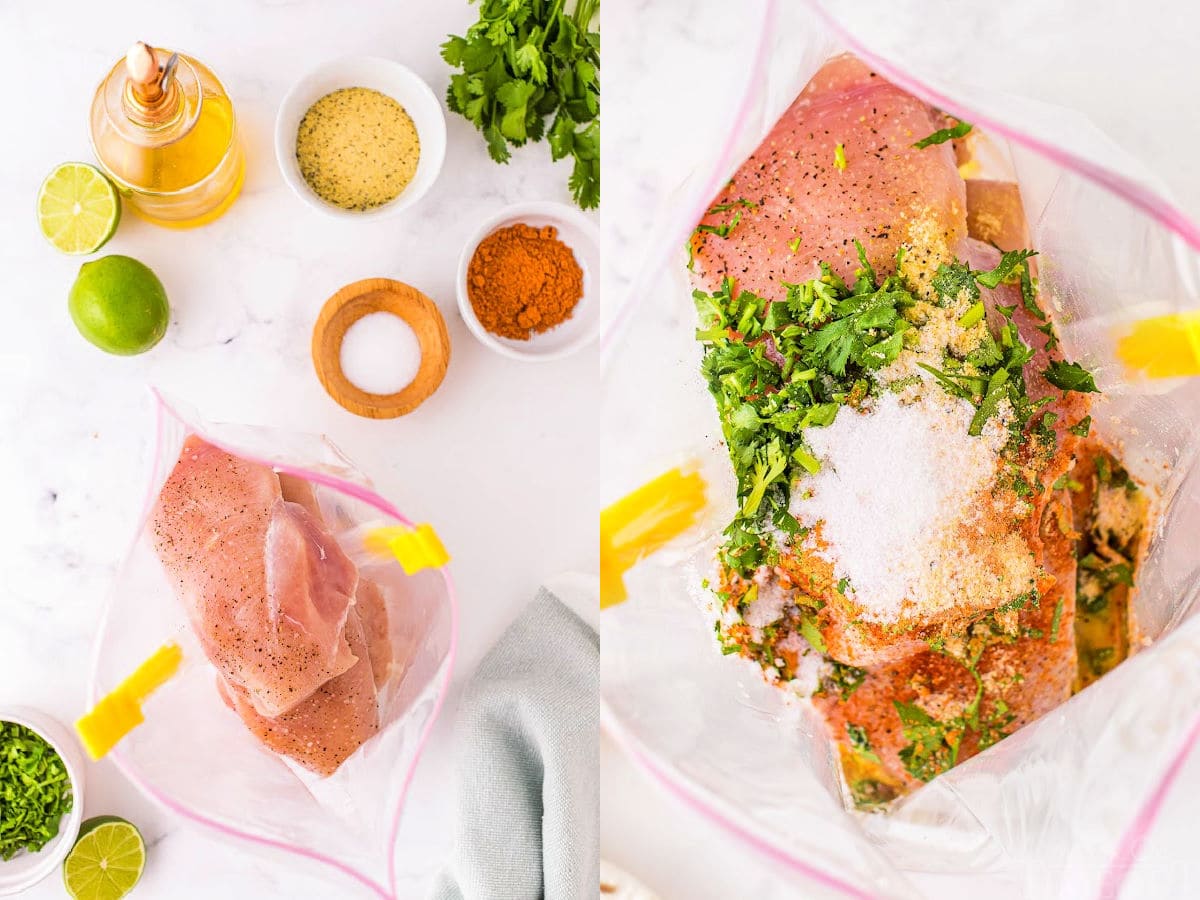 two image collage showing cilantro lime chicken marinade ingredients laid out and then also combined in a bag.