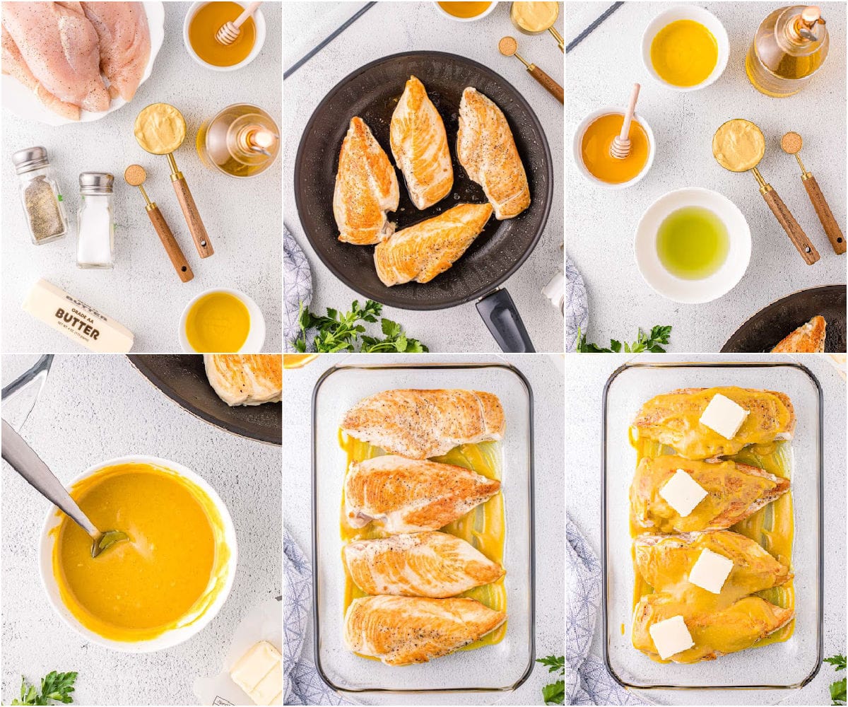 six image collage showing how to make honey mustard chicken step by step.